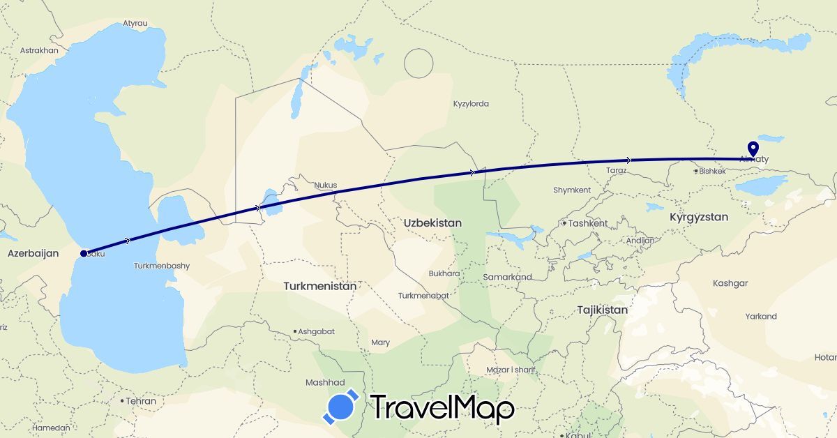 TravelMap itinerary: driving in Azerbaijan, Kazakhstan (Asia)